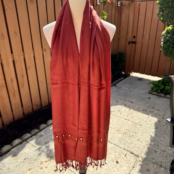 Women’s Rust Colored Shawl/Wrap.Size 66L X 31W.Seqin Embellishing on bot… - Picture 1 of 6